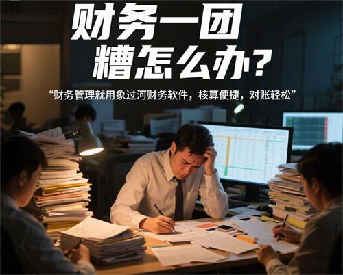 财务人员加班算账，熬夜压力大，账本堆满桌子，主标题用艺术大字体写“财务一团糟怎么办？”，副标题用清晰字体写“财务管理就用象过河财务软件，核算便捷，对账轻松”_看图王.jpeg
